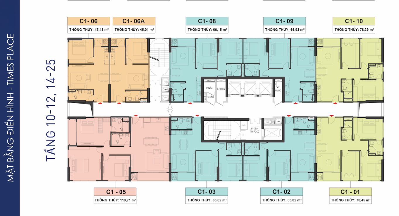 Mặt bằng điển hình tòa Times Place tầng 10-12 và tầng 14-25